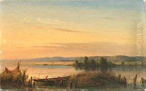Prachtvolle Morgendliche Bodenseelandschaft Am Untersee Mit Fischerboot Und Aufgehangten Netzen Prachtvolle Morgendliche Bodenseelandschaft Am Untersee Mit Fischerboot Und Aufgehangten Netzen