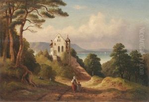 Bodenseelandschaft Mit Wandernder Frau Und Kind In Der Nahe Eines Hohen Gebaudes Mit Turmchen Und Abgetrepptem Giebel by Josef Moosbrugger