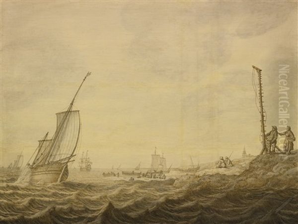 Shipping In A Choppy Sea Near A Beach - view 1