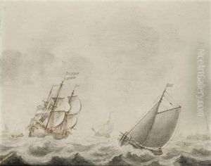 A Schiff And A Three-master Sailing Close To Shore In Choppy Waters by Cornelis Pietersz De Mooy