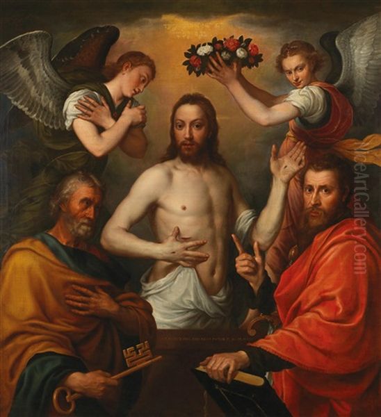 The Risen Christ With Saints Peter And Paul And Two Angels - view 1