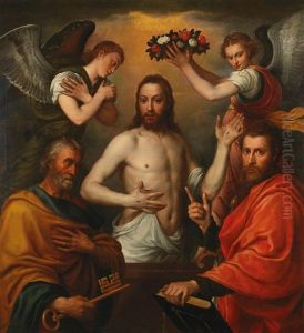 The Risen Christ With Saints Peter And Paul And Two Angels by Antonis Mor Van Dashorst