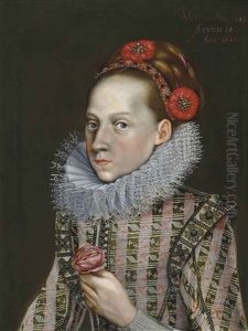 Portrait Of A Girl, Half-length, In A Richly Embroidered Red Dress And A Ruff, With A Decorated Headband, Holding A Rose