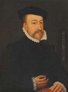 Portrait Of A Gentleman, Head And Shoulders, In A Black Cap And White Ruff Holding A Cross