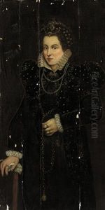 Portrait Of A Lady In A Black Embroidered And Bejeweled Dress And Headdress by Antonis Mor Van Dashorst