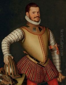 Portrait Of A Man In Armor With His Handing Resting On His Helmet Beside by Antonis Mor Van Dashorst