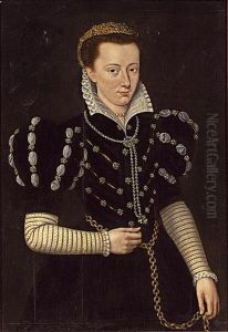 A Portrait Of A Noble Lady Wearing A Black Dress Adorned With Pearls, A White Lace Collar And A Bonnet Set With Beads