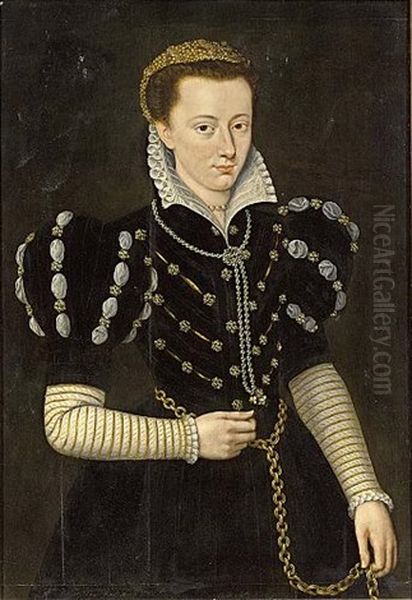 A Portrait Of A Noble Lady, Wearing A Black Dress Adorned With Pearls, A White Lace Collar And A Bonnet Set With Beads, A Pearl Necklace, A Golden Waist Chain, Holding Violets In Her Right Hand - view 1