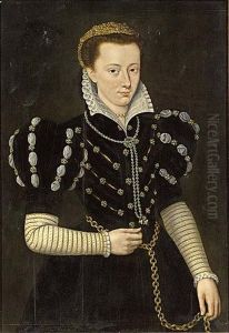 A Portrait Of A Noble Lady, Wearing A Black Dress Adorned With Pearls, A White Lace Collar And A Bonnet Set With Beads, A Pearl Necklace, A Golden Waist Chain, Holding Violets In Her Right Hand