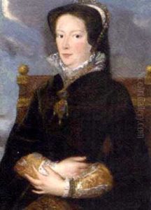 Portrait Of Queen Mary I In A Green Velvet Dress, With Jewels And A Lace Collar