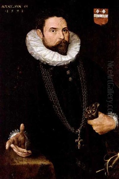A Portrait Of A Nobleman At The Age Of 44, Wearing A Black Suit With White Lace Collar, A Golden Chain With Crucifix, A Sword, And Holding Gloves In His Left Hand, Standing Next To A Table - view 1