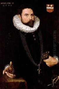 A Portrait Of A Nobleman At The Age Of 44, Wearing A Black Suit With White Lace Collar, A Golden Chain With Crucifix, A Sword, And Holding Gloves In His Left Hand, Standing Next To A Table
