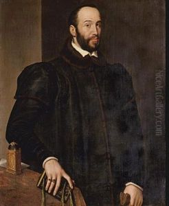 Portrait Of Antoine Perrenot De Granvelle Standing By A Table With A Clock, And Holding A Book In One Hand And A Glove In The Other by Antonis Mor Van Dashorst