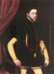 Portrait Of King Philip Ii Of Spain Wearing A Black Slashed Over-suit And Yellow Under-suit, With The Order Of The Garter by Antonis Mor Van Dashorst