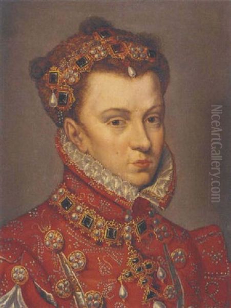 Portrait Of Elizabeth Of Valois, Queen Of Spain, In A Red Embroidered Dress - view 1