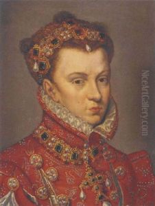 Portrait Of Elizabeth Of Valois, Queen Of Spain, In A Red Embroidered Dress by Antonis Mor Van Dashorst