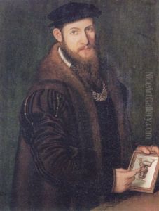 Portrait Of A Bearded Gentleman, Aged 34, Wearing A Brown Coat And A Fur Collar, Holding A Tablet