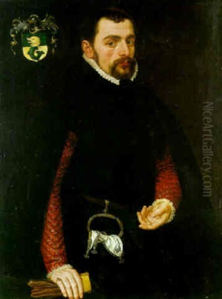 Portrait Of A Gentlman, In Black Doublet With Red Sleeves And Black Cape - view 1