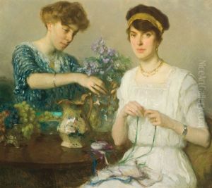 The Artist's Wife And Her Sister Arranging Flowers