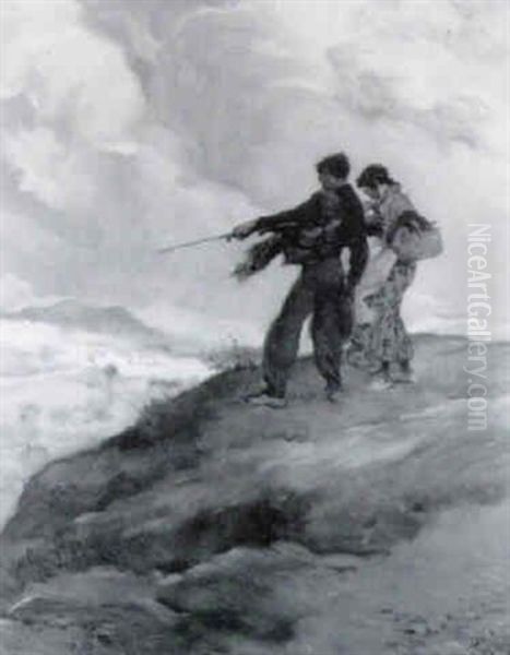 Young Gypsy Couple Surveying Windswept Valley - view 1