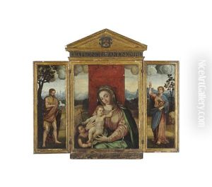 The Virgin And Child With The Young Saint John The Baptist; Saint John The Baptist On The Left Wing; Saint John The Evangelist On The Right Wing (triptych) by Luis de Morales