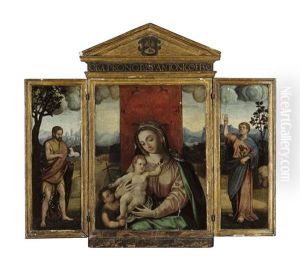 The Virgin And Child With The Young Saint John The Baptist (triptych) by Luis de Morales