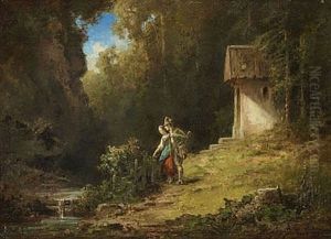 Jager Und Dirndl Vor Einer Waldkapelle by Willy Moralt