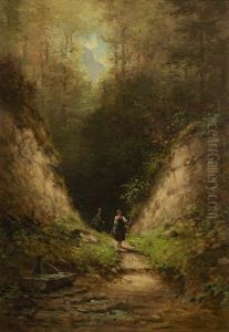 Dirndl Und Jager Auf Einem Hohlweg by Willy Moralt