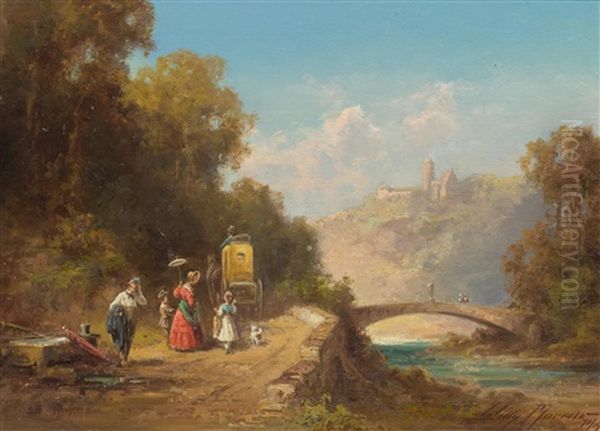 River Landscape With Walkers And A Stage Coach - view 1