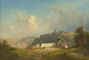Fahrende Schauspieler Und Ausflugler Auf Einem Hugel Bei Einer Kleinen Stadt by Willy Moralt