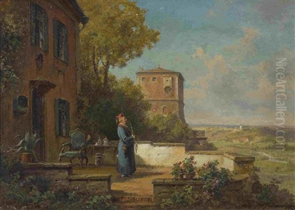 Pfeifenraucher Auf Der Terrasse Mit Blick Auf Ein Flusstal - view 1