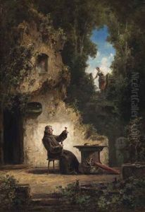 Einsiedler Mit Einer Flasche Wein, Ein Volles Glas Betrachtend by Willy Moralt