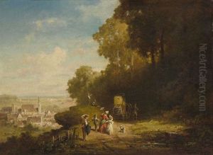 Spazierganger Und Postkutsche Auf Dem Waldweg Spazierganger Und Postkutsche Auf Dem Waldweg