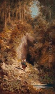 Bauernmadchen Mit Korb Auf Einem Sonnendurchfluteten Waldweg by Willy Moralt
