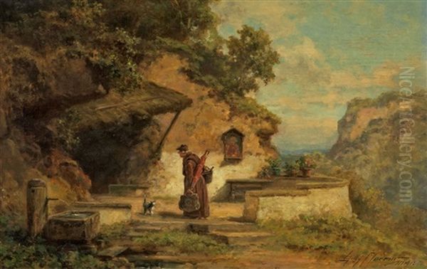 Monch In Bergiger Landschaft Mit Brunnen Und Andachtsbild - view 1