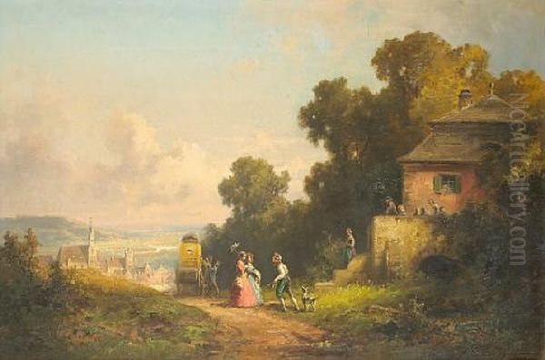 Figures And A Carriage On A Path With A Village Beyond - view 1
