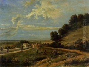 Spazierganger Und Bauer Vor Kutsche Am Dorfrand