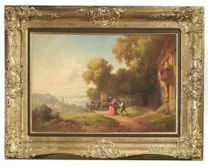 Ankunft Der Postkutsche Vor Dem Gasthaus. Die Gaste Werden Mit Einem Blumenstraus Begrust