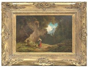 Eine Bauerin Fullt Ihren Trog An Einem Gebirgsbrunnen by Willy Moralt