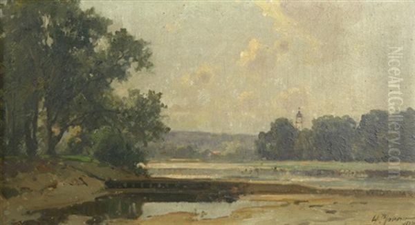 Fluslandschaft. Im Hintergrund Ein Kleines Dorf - view 1