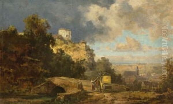 Halt Der Postkutsche An Der Alten Steinbrucke Uber Der Stadt - view 1