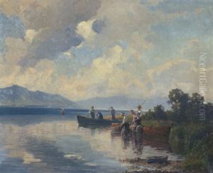 Fischer Beim Einholen Der Netze Am Ufer Des Cheimsees