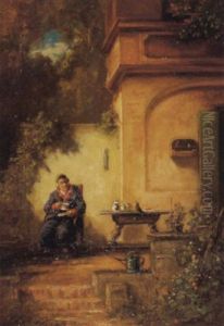 Kaffetrinker Und Der Zahme Vogel Auf Der Terrasse by Willy Moralt