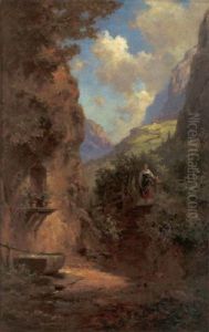 Sommerliche Tiroler Landschaft Mit Hirtenmadchen - Am Wegesrand Ein Brunnen Mit Altarnische by Willy Moralt