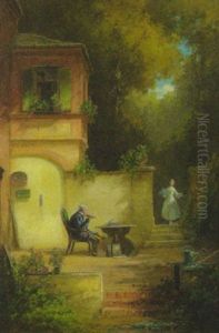 Ein Flotenspieler Sitzt Auf Der Terrasse Vor Seinem Haus Und Musiziert by Willy Moralt