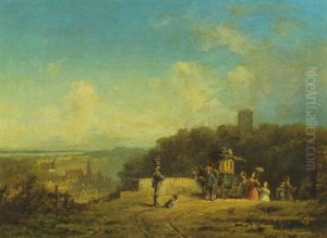 Postkutsche Auf Der Anhohe Uber Dem Alten Stadtchen by Willy Moralt
