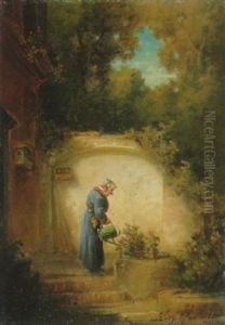 Ein Blumenfreund Giest Im Hof Seines Hauses Die Rosenstauden Im Topf by Willy Moralt