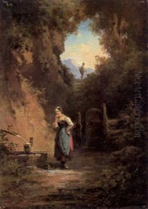 Dirndl Am Brunnen Auf Der Waldlichtung, Von Der Ein Jagerbursche Fortwandert
