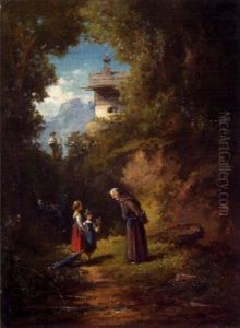 Der Klausner Steht Auf Der Wiese Beim Brunnen Und Erhalt Von Zwei Kleinen Madchen Einen Blumenstraus by Willy Moralt
