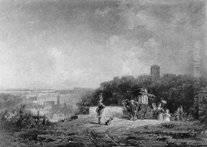 Landstrase Mit Fahrenden Schauspielern, Wachposten Und Spaziergangerm Oberhalb Eines Stadtchens by Willy Moralt